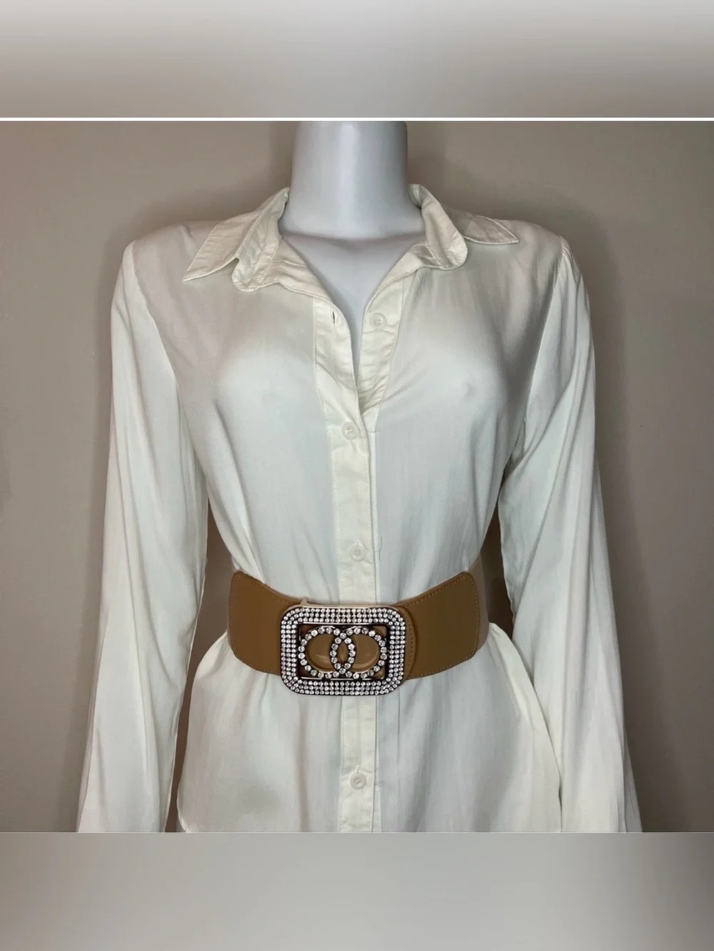 Brown square buckle with rhinestones details elastic waistband belt